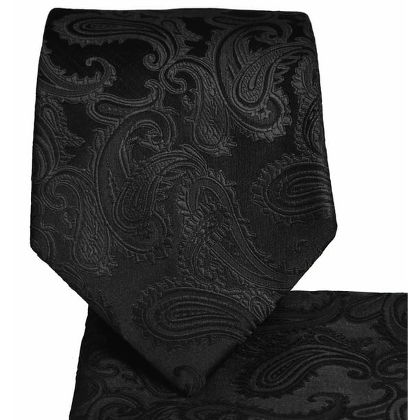 Black Men's Paisley Pattern Satin Bowtie 3" Tie & Pocket Handkerchief Set 